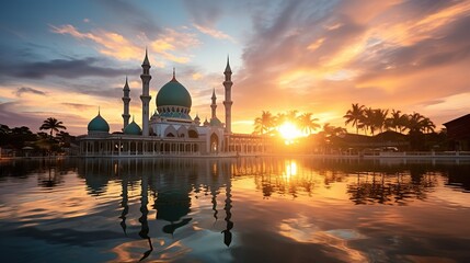 Obraz premium Sunset scenery of Kota Kinabalu city Mosque, Sabah Borneo, Malaysia
