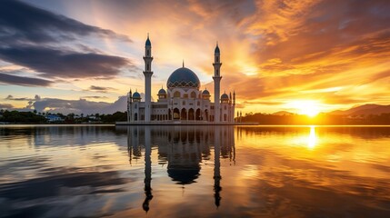 Sunset scenery of Kota Kinabalu city Mosque, Sabah Borneo, Malaysia