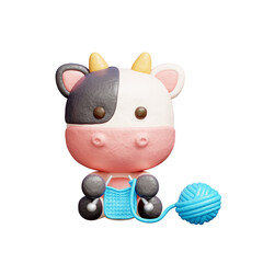 3D cute cow knitting, Cartoon animal character, 3D rendering.