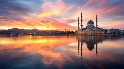 Fototapeta na wymiar Sunset scenery of Kota Kinabalu city Mosque, Sabah Borneo, Malaysia
