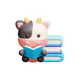 3D cute cow reading a book, Cartoon animal character, 3D rendering.