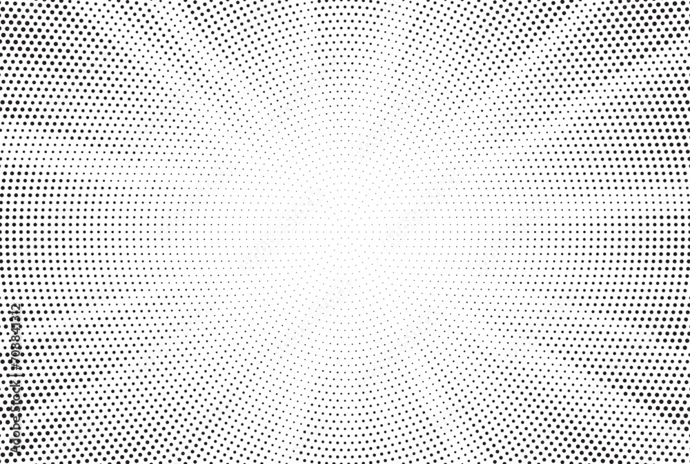 Poster Halftone gradient sun rays pattern. abstract halftone vector dots background. monochrome dots pattern. pop art, comic small dots. star rays halftone poster. shine, explosion. sunrise rays background.	