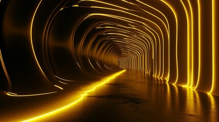 3D render, abstract minimal neon background with glowing wavy line. Dark wall illuminated with LED lamps. Yellow futuristic wallpaper.