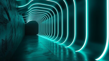 3D render, abstract minimal neon background with glowing wavy line. Dark wall illuminated with LED lamps. Teal futuristic wallpaper.