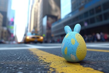 whimsical Easter egg with bunny ears painted in soft blues and yellows rests on an urban road with...