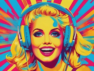 A vibrant girl with headphones listening to music vector design