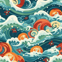 Fototapeta na wymiar Ocean waves marine creatures seamless pattern