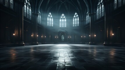 Abstract renaissance huge hall with smoke room and dark, gothic lighting, Generative AI. - obrazy, fototapety, plakaty