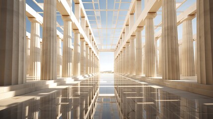 An abstract image of the Parthenon that highlights its symmetrical patterns and geometric intricacies, Generative AI.