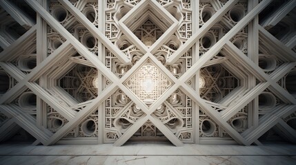 An image of a white geometric ceiling design with ornamentation in the background, Generative AI.