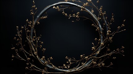 An solitary black backdrop with a wreath composed of branches and sticks, Generative AI. - obrazy, fototapety, plakaty