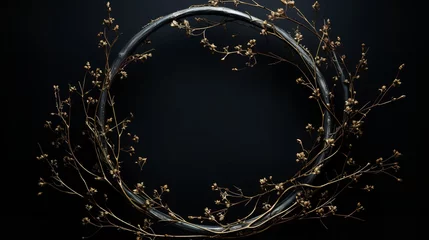 Foto op Plexiglas An solitary black backdrop with a wreath composed of branches and sticks, Generative AI. © Noobs