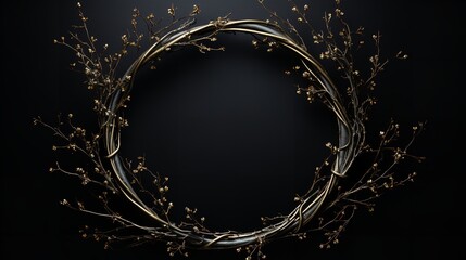 An solitary black backdrop with a wreath composed of branches and sticks, Generative AI. - obrazy, fototapety, plakaty