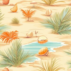 Fototapeta na wymiar Beach palm trees seashells relaxation seamless pattern