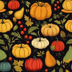 Autumn leaves pumpkins apples seamless pattern