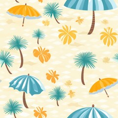 Fototapeta na wymiar Beach palm trees beach umbrella seashells seamless pattern