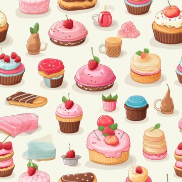 Food desserts confectionery delights mouthwatering treats seamless pattern
