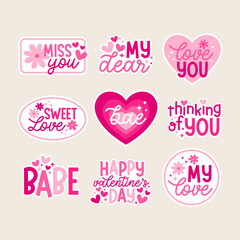 Set of cute pink stickers and badges design for valentine’s day.