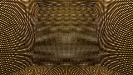 Neutrino detector. Hundreds of photo sensitive particle detectors. Gold spheres distributed throughout a large golden room. Room containing hundreds of gold balls. 3d illustration render concept.