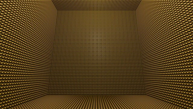 Neutrino detector. Hundreds of photo sensitive particle detectors. Gold spheres distributed throughout a large golden room. Room containing hundreds of gold balls. 3d illustration render concept.