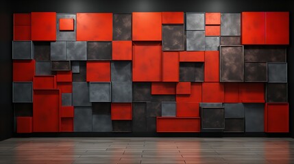 Black and red-colored, three-dimensional, square-shaped ceramic wall in a minimalist showroom, Generative AI.