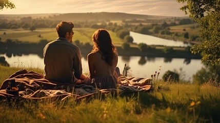 Fototapeta na wymiar Boyfriend and girlfriend relaxing while admiring the lovely scene of a verdant field, Generative AI.
