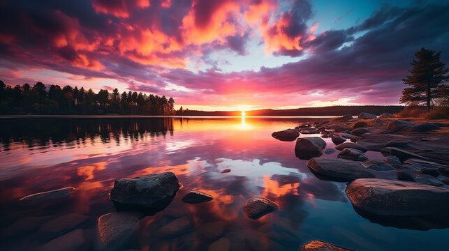 Conjure up the splendor of a lakeside sunset, Generative AI.