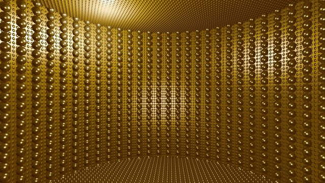 Neutrino detector. Hundreds of photo sensitive particle detectors. Gold spheres distributed throughout a large golden room. Room containing hundreds of gold balls. 3d illustration render concept.