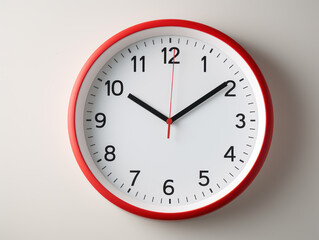 White wall clock with red border on white background, wall clock hanging on the wall