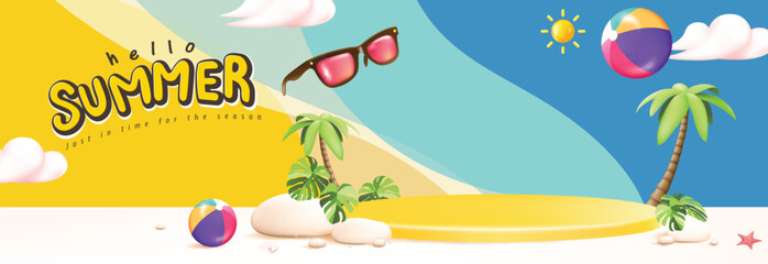 Summer sale poster banner with yellow product display podium summer tropical beach scene design background © bokmok