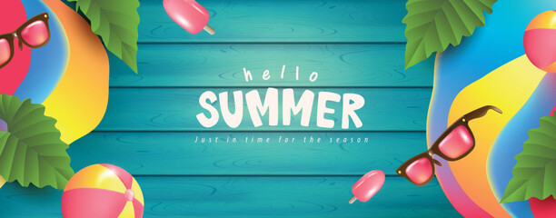 Colorful Summer banner background with Beach Accessories On Blue Plank - Summer Holiday Banner - obrazy, fototapety, plakaty