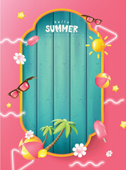 Colorful Summer banner background with Beach Accessories On Blue Plank - Summer Holiday Banner