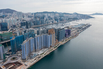 Fototapeta na wymiar 2024 Jan 14,Hong Kong.Aerial view of development of Kai Tak Airport, Kowloon city, Hong Kong