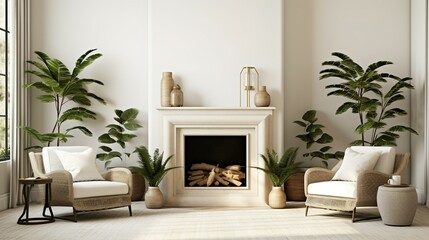 Interior of light living room with decorative fireplace, armchairs and houseplants