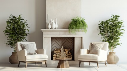 Interior of light living room with decorative fireplace, armchairs and houseplants