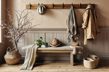 Functional Charm Rustic Country Farmhouse Entryway with Hook Wall Mounted Coat Rack Above Wooden Bench in Modern Interior Design. created with Generative AI