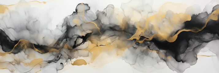 Delicated alcohol ink background black white gold colors banner