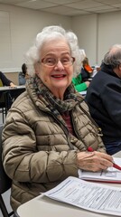 Retirees attend classes. Vertical background