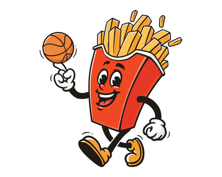 French fries playing basketball cartoon mascot illustration character vector clip art hand drawn
