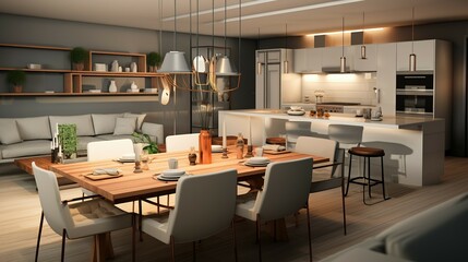Fototapeta na wymiar Modern home interior design. Living room with dinner table, kitchen furniture, chairs, decorations