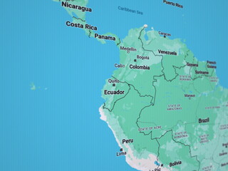 3d rendering illustration of LCD screen with map of South America close up on Ecuador - 708847946