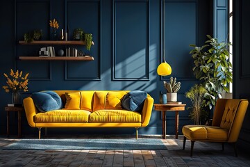 Vibrant Interplay Accent Lounge in a Spacious Living Room with Dark Blue Wall, Empty Canvas, and a Mustard Yellow Sofa - A Contemporary Interior Mockup. created with Generative AI