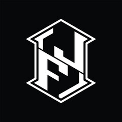 JF Logo monogram hexagon shield shape up and down with sharp corner isolated style design