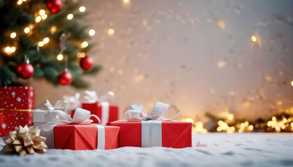 Minimalist Christmas background with Christmas tree and gift boxes