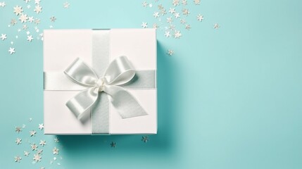 Crafting Elegance: Hands Create a Stylish Gift Box with Satin Ribbon and Sequins on Pastel Blue Background