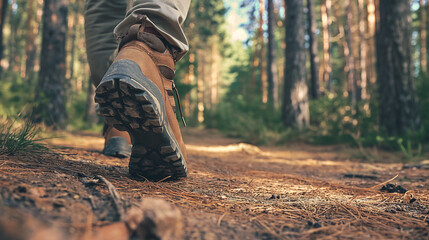 A man hiking in the pine forest. Close up at hiking shoe walking in jungle. travel in the forest concept.