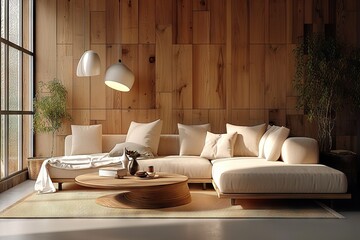 Minimalist Tranquility Beige Corner Sofa Against Wooden Paneling Wall in Modern Living Room - Clean Lines, Warmth, and Contemporary Elegance. created with Generative AI