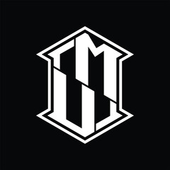 MU Logo monogram hexagon shield shape up and down with sharp corner isolated style design