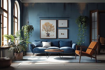 Fototapeta premium Scandinavian Serenity Dark Blue Sofa and Recliner Chair in Modern Living Room - Interior Design Elegance for a Tranquil Apartment Retreat. created with Generative AI