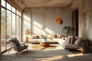 Fototapeta na wymiar Harmonious Fusion Japandi Style Illuminated - Scandinavian Sunlit Living Room with Wood and Plaster Accents